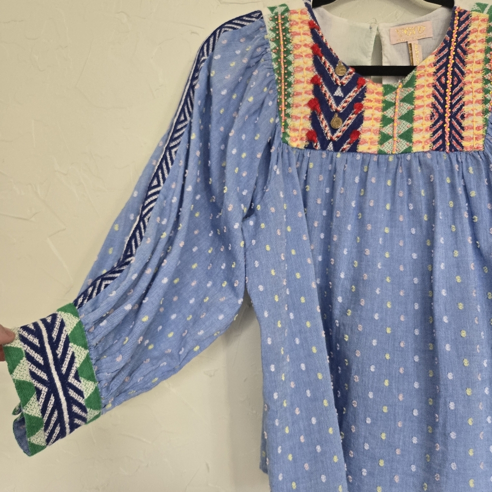 Anthro Verb by Pallavi Embroidered Swiss Dot Boho Blue Top - Picture 5 of 13